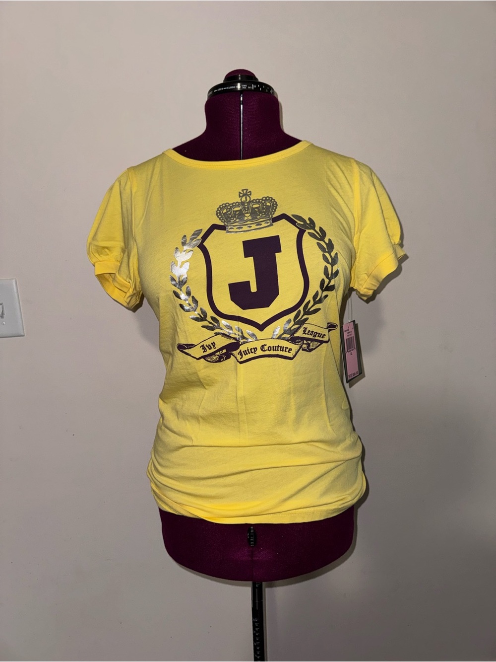 Vintage Juicy Couture Yellow Tee with Purple Crest and Silver Laurel - Picture 3 of 8